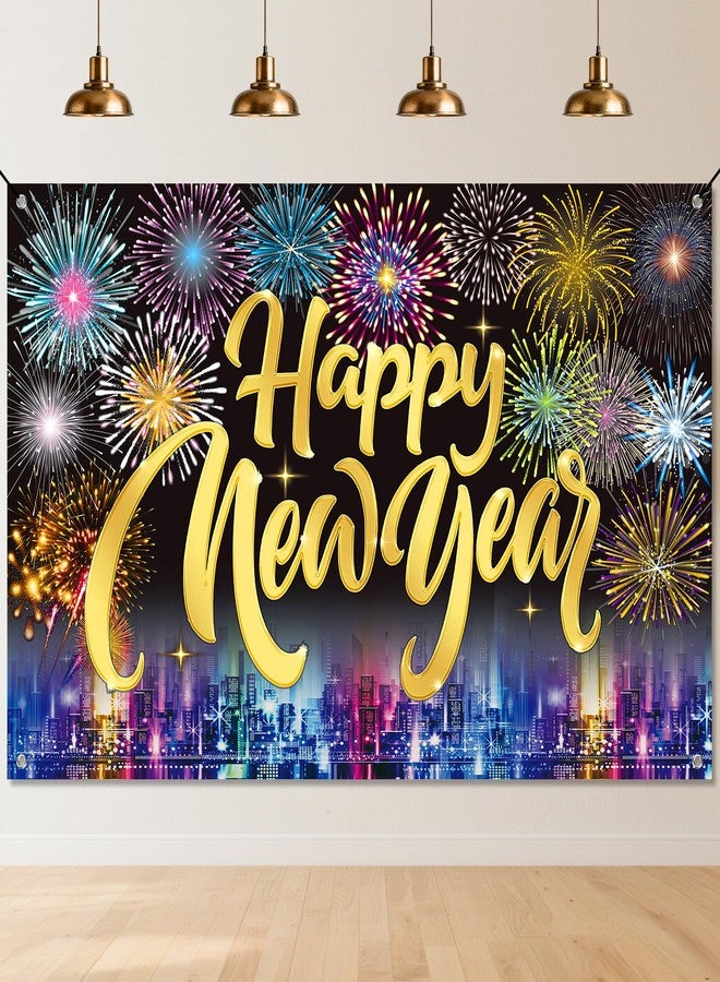REDWORD Happy New Year 2026, Happy New Year Banner 71x44 Inch New Years Backdrop Reusable New Years Eve Party Supplies 2026 with Fireworks Pattern for New yea r Photo Booth Background Party Decorations - Image 1